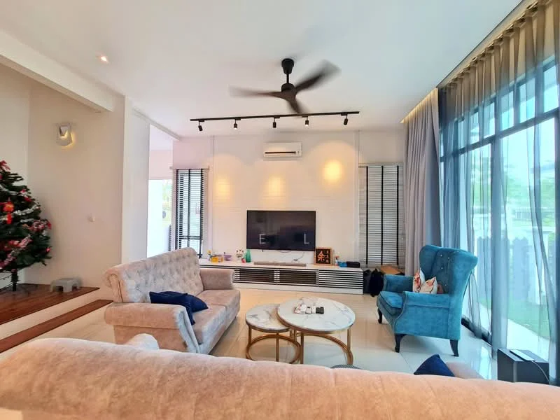 Living features: 3-seater fabric sofa in light grey, 2-seater fabric sofa in beige, blue armchair, round coffee table with gold frame, wall-mounted TV, recessed LED downlights, 5-blade ceiling fan, floor-to-ceiling windows, sheer curtains, wooden flooring, decorative wall with white paneling, decorative items on shelves; style: modern; view: garden.
