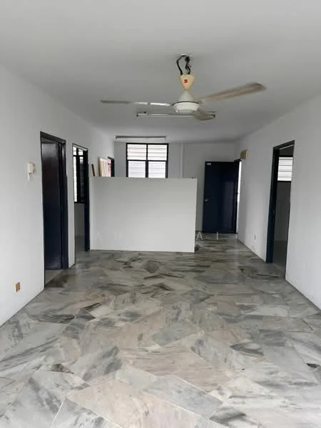 Room features: white painted walls, marble tile flooring, 5-blade ceiling fan, multiple doorways, large windows, open layout, neutral color scheme, no visible furniture; style: minimalist.