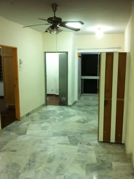 Room features: marble flooring, white painted walls, 5-blade ceiling fan, doorway leading to another room, doorway leading outside, built-in wardrobe with wooden doors, window with sliding glass, light fixture on ceiling.