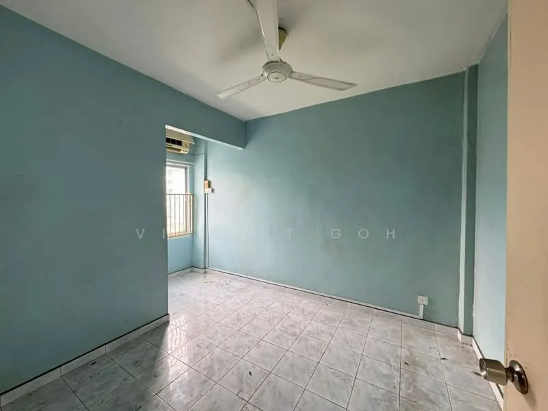 Room features: blue painted walls, white tiled flooring, 5-blade ceiling fan, window with grille, wall-mounted split AC, light switch, door frame, corner of the room.