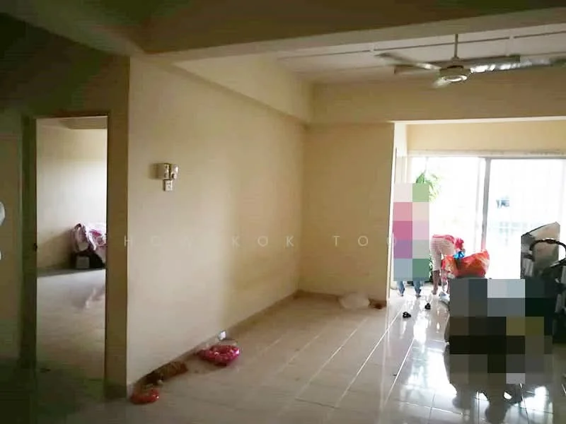 Room features: cream painted walls, tile flooring, ceiling fan, floor-to-ceiling windows, natural light from windows, cluttered space with various items.