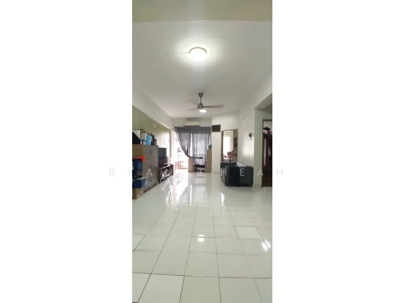 Living features: white painted walls, glossy ceramic tile flooring, 5-blade ceiling fan with light, large window with sheer curtains, sofa, coffee table, TV console, open layout, air conditioning unit, decorative wall shelves; style: modern.