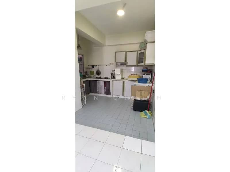 Kitchen features: white cabinetry, grey tiled flooring, stainless-steel sink, built-in gas stove, exhaust hood, countertop space, wall-mounted cabinets, open shelving, refrigerator, window above sink, light fixture, various kitchen utensils and items.