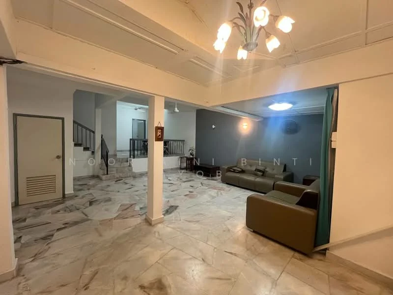 Living features: marble flooring, white painted walls, tray ceiling, 5-blade ceiling fan with light, sofa in dark brown leather, coffee table, wall-mounted TV, decorative wall clock, recessed lighting; style: modern. Room features: marble flooring, white painted walls, staircase in background, ceiling light fixture.