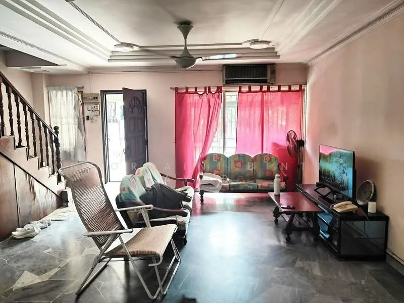 Living features: grey marble flooring, white painted walls, ceiling fan, large window with sheer curtains, red curtains, sofa with floral pattern, coffee table, TV console, wall-mounted TV, staircase, open layout, natural light; style: traditional.