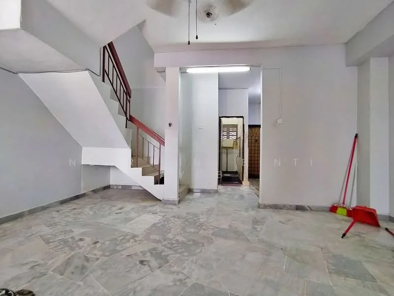 Room features: grey marble flooring, white painted walls, ceiling fan, staircase with wooden railing, open layout, doorway leading to another room, clean and minimal decor, natural light from windows; style: modern.