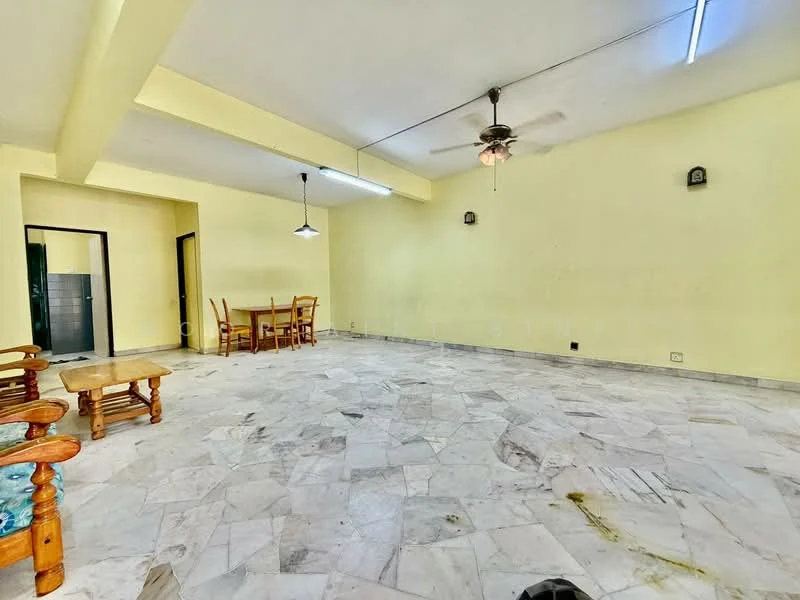 Living features: marble flooring, yellow painted walls, ceiling fan with light, recessed lighting, dining table with chairs, two wooden chairs, large open space, no visible decor.