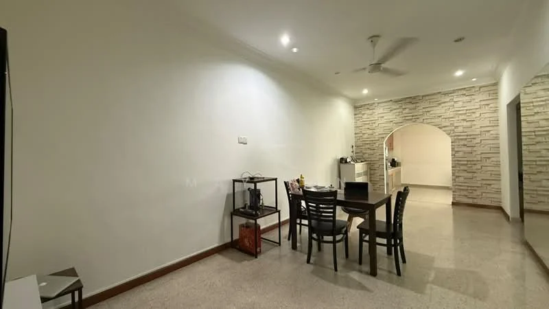 Dining features: dining table with four chairs, cream painted walls, exposed stone accent wall, recessed downlights, ceiling fan, polished concrete flooring, open layout, archway leading to kitchen area; style: modern. Room features: cream painted walls, polished concrete flooring, recessed downlights, ceiling fan.
