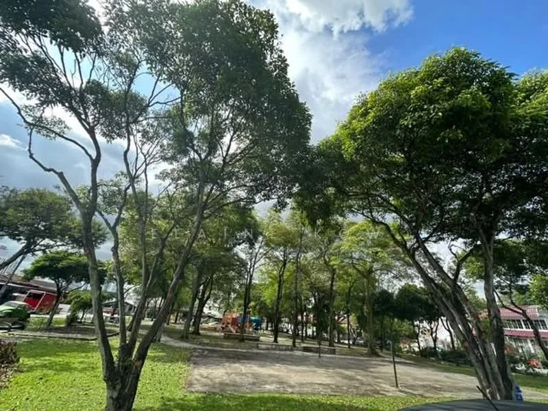 Exterior type: landscape garden; features: mature trees, manicured lawn, playground equipment visible, paved walkway, open green space, surrounded by greenery; style: tropical-modern.