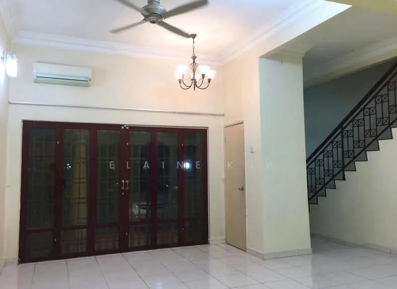 Living features: white painted walls, ceramic tile flooring, 5-blade ceiling fan with light, chandelier, floor-to-ceiling glass doors with wooden frames, air conditioning unit, staircase with decorative railing, recessed lighting; style: modern.