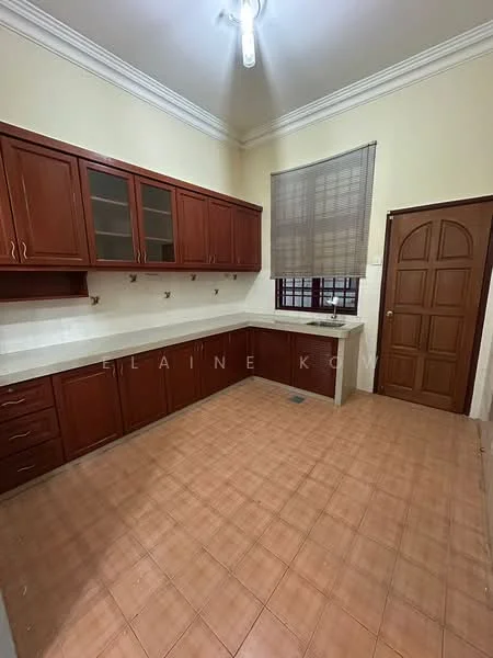 Kitchen features: brown wooden cabinetry, white countertop, single-bowl stainless-steel sink, chrome faucet, tile backsplash, window with blinds, light fixture on ceiling, cream painted walls, ceramic tile flooring, door with arched design; style: traditional.