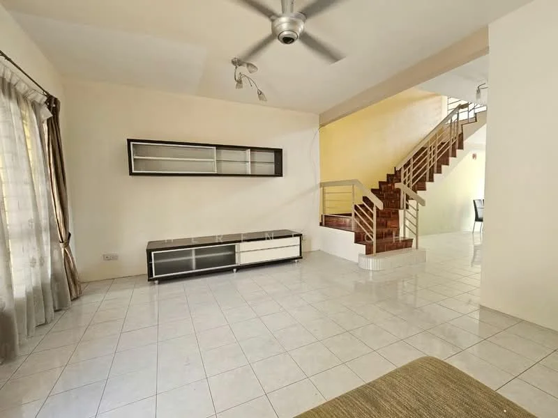 Living features: white painted walls, ceramic tile flooring, 5-blade ceiling fan, large windows with sheer curtains, built-in shelving unit, open layout, staircase visible in background, neutral color scheme; style: modern.