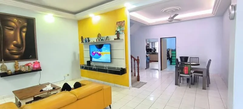 Living features: yellow accent wall, white painted walls, white tiled flooring, 5-blade ceiling fan with light, wall-mounted TV, black TV console, brown leather sofa, decorative wall art, decorative sculptures, recessed lighting; style: modern. Dining features: 4-seater dining table, wooden dining chairs, decorative centerpiece, white walls, white tiled flooring; style: modern.