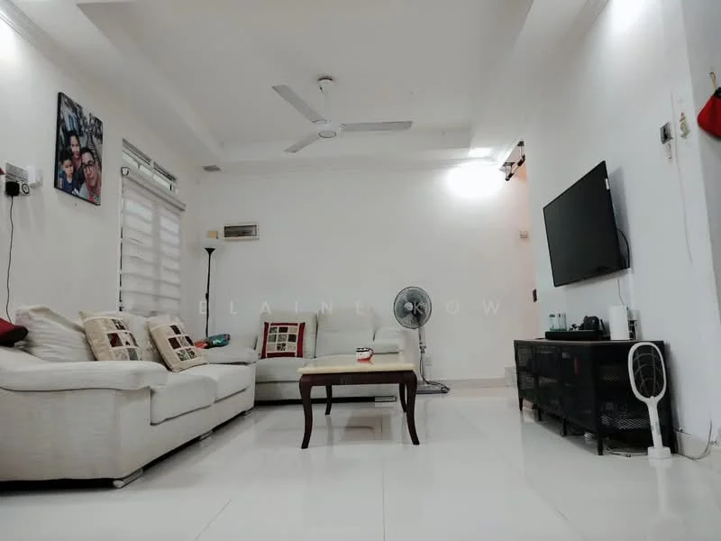 Living features: white painted walls, polished tile flooring, 5-blade ceiling fan with light, wall-mounted TV, coffee table, 3-seater fabric sofa in cream, 2-seater fabric sofa in cream, decorative wall art, floor fan, TV console; style: modern.