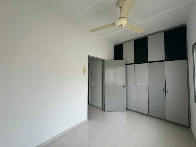 Room features: white painted walls, light grey built-in wardrobe with sliding doors, ceiling fan, glossy tile flooring, window with natural light, neutral color scheme; style: modern.