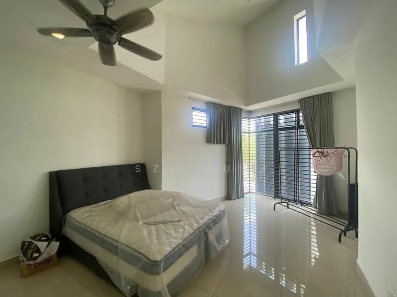 Bedroom features: king-size bed with mattress cover, 5-blade ceiling fan, floor-to-ceiling windows, sliding glass door, curtains, white painted walls, glossy tile flooring, built-in wardrobe, decorative wall with window, natural light from windows; style: modern; view: garden.