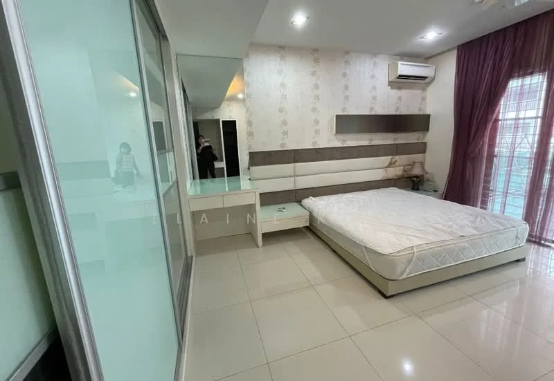 Bedroom features: queen-size bed with mattress, white bed frame, mirrored wardrobe, white bedside table, wall-mounted shelf, cream wallpaper with floral pattern, recessed ceiling lights, air conditioning unit, floor-to-ceiling windows with sheer curtains, glossy tile flooring; style: modern.