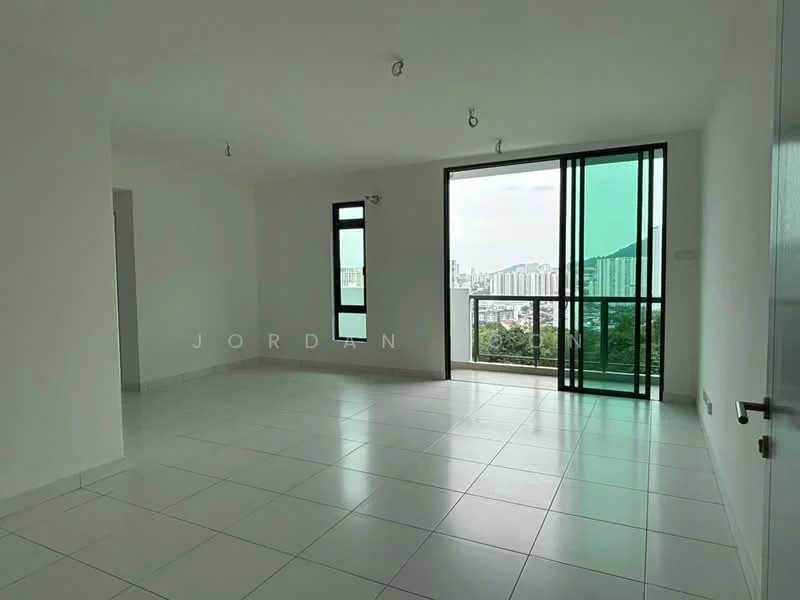 Room features: white painted walls, glossy white tile flooring, floor-to-ceiling windows, sliding glass door, city view, recessed downlights, minimalist design, open layout; style: modern; view: city.