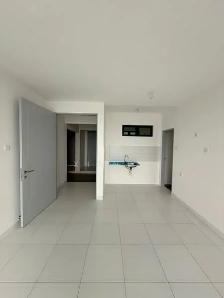 Room features: white painted walls, light grey door, tile flooring, single-bowl stainless-steel sink, wall-mounted faucet, kitchen countertop, open layout, natural light from window, no visible appliances, no visible furniture; style: modern.