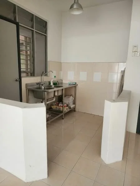 Kitchen features: stainless-steel sink, chrome pull-down faucet, stainless-steel countertop, white tiled backsplash, cream tiled walls, light-colored floor tiles, metal shelving unit, window with metal grilles; style: modern.