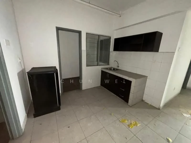 Kitchen features: black fridge, single-bowl stainless-steel sink, chrome pull-down faucet, laminate countertop, white tiled backsplash, dark wood cabinetry, floor tiles, wall tiles, window, light fixture.