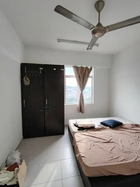 Bedroom features: queen-size bed with brown bedding, wooden wardrobe with sliding doors, floor-to-ceiling window, curtains, ceiling fan with light, white painted walls, tile flooring, decorative wall with view, bedside pillow; style: minimalist; view: city.