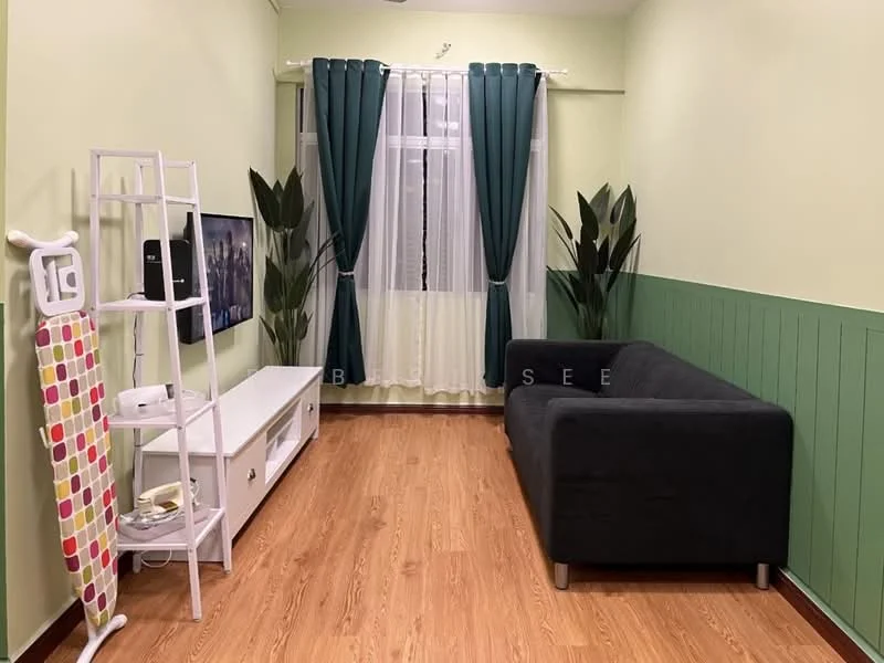 Living features: green painted walls, wooden flooring, sofa in dark grey, white TV console, wall-mounted TV, floor-to-ceiling windows, sheer curtains, decorative plants, ironing board, LED ceiling light; style: modern.