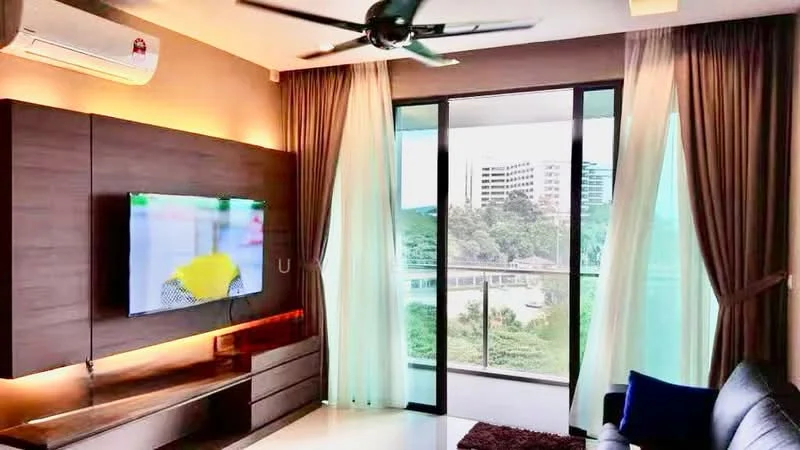 Living features: floor-to-ceiling windows, sliding glass door, curtains, wall-mounted TV, wooden feature wall, built-in cabinetry, ceiling fan, recessed lighting, white walls, polished tile flooring, sofa, view of greenery; style: modern; view: garden.