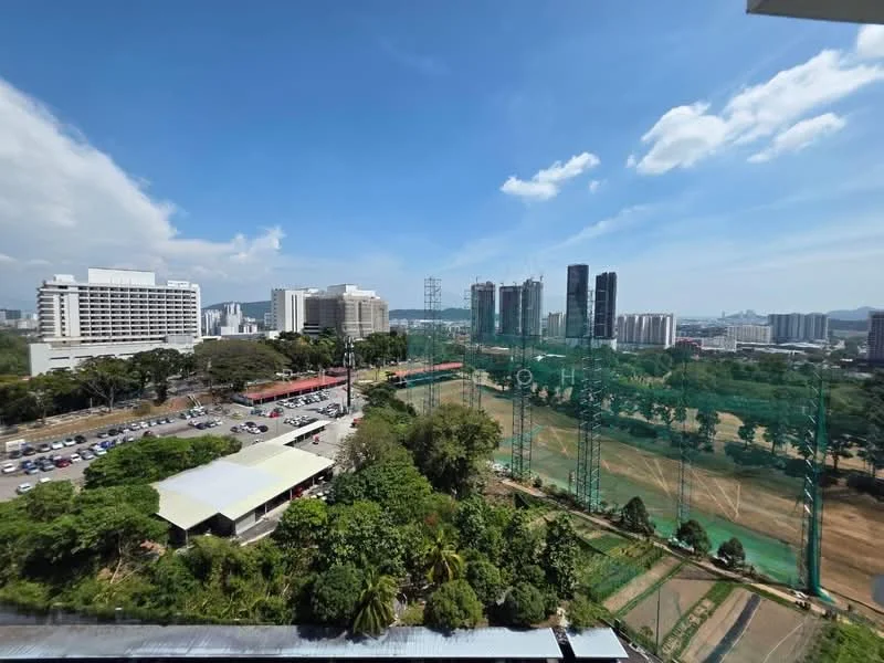 Exterior type: high-rise condominium; features: city skyline view, manicured lawn, parking lot, surrounded by greenery, construction site in view, sports field, multi-storey buildings, clear blue sky; style: modern.
