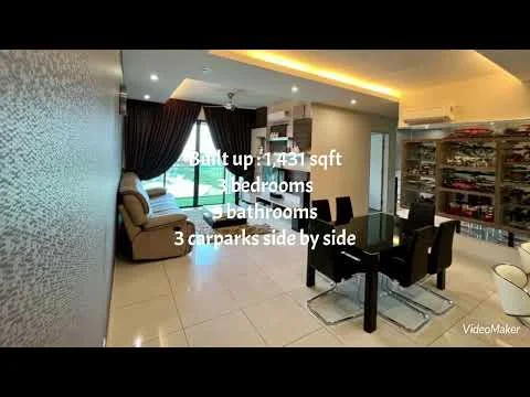 Living features: cream painted walls, white ceiling with recessed downlights, large windows with sheer curtains, tile flooring, 3-seater fabric sofa in beige, black glass dining table with 6 chairs, built-in shelving unit, air conditioning unit; style: modern; view: garden.