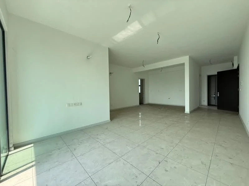 Living features: white painted walls, marble tile flooring, recessed downlights, floor-to-ceiling windows, sliding glass door, open layout, no visible furniture, natural light from windows; style: modern.