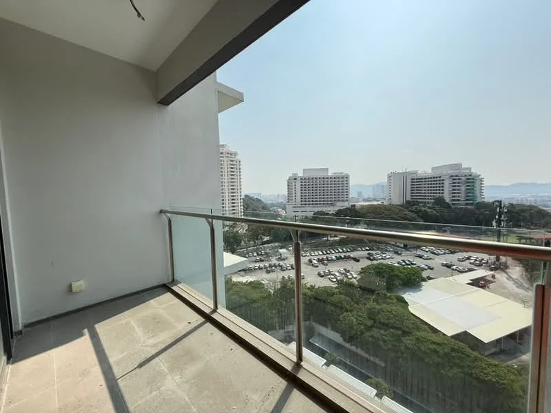 Balcony features: glass railing, concrete flooring, city view, outdoor space, overhead eaves; style: modern; view: city.