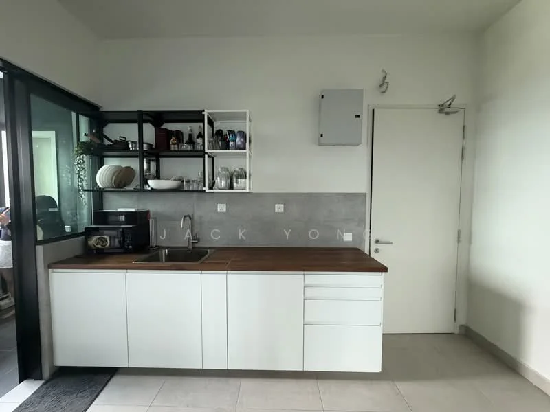 Kitchen features: white cabinetry, wood countertop, single-bowl stainless-steel sink, chrome pull-down faucet, open shelving, built-in microwave, kitchen appliances visible, grey tiled backsplash, ceramic tile flooring, recessed downlights; style: modern.