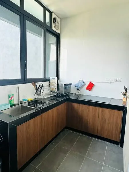 Kitchen features: black countertop, wood cabinetry, double-bowl stainless-steel sink, chrome pull-down faucet, wall-mounted split AC, grey tile flooring, window with black frame, kitchen utensils on countertop, dish soap dispenser, red oven mitt hanging; style: modern.
