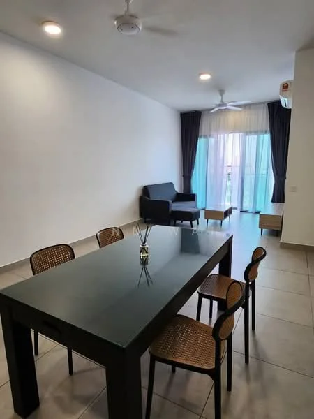 Dining features: black glass dining table, 6 dining chairs with woven seats, white painted walls, grey tiled flooring, 2 ceiling fans, floor-to-ceiling windows with sheer curtains, sofa in grey fabric, air conditioning unit on wall; style: modern; view: city.