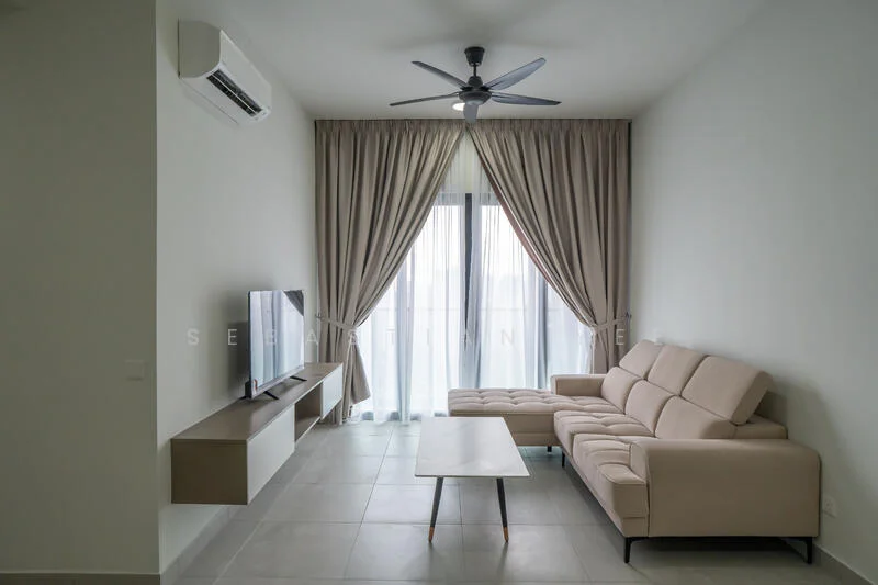 Living features: 3-seater fabric sofa in beige, coffee table, wall-mounted TV, TV console, floor-to-ceiling windows, sheer curtains, 5-blade ceiling fan with light, grey tile flooring, white painted walls, recessed downlights; style: modern; view: city.