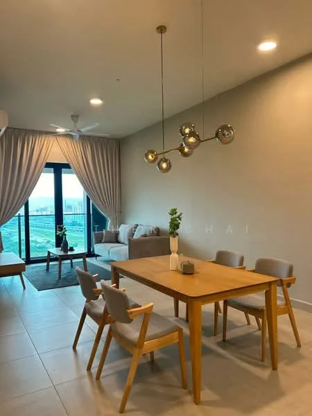 Living features: light grey fabric sofa, wooden coffee table, 4-seater wooden dining table, grey upholstered dining chairs, pendant light fixture with spherical bulbs, floor-to-ceiling windows, sheer curtains, tile flooring, ceiling fan; style: modern; view: city.