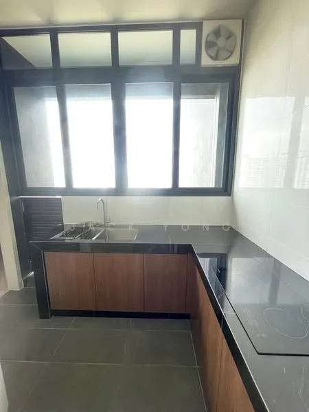 Kitchen features: black granite countertop, wood cabinetry, single-bowl stainless-steel sink, chrome pull-down faucet, built-in induction hob, wall-mounted split AC, large window with city view, grey tiled flooring, white tiled walls, recessed downlights; style: modern; view: city.