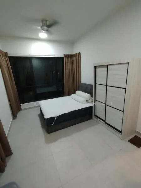 Bedroom features: queen-size bed, upholstered headboard, floor-to-ceiling windows, sheer curtains, light brown curtains, built-in wardrobe with sliding doors, ceiling fan, tile flooring, neutral painted walls; style: modern.