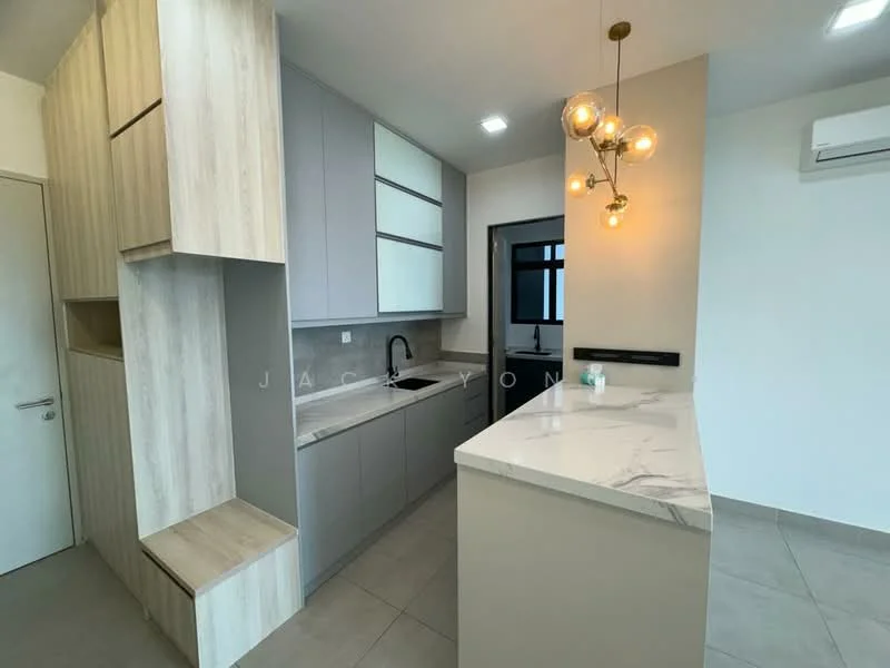 Kitchen features: grey cabinetry, white upper cabinets, marble countertop, single-bowl stainless-steel sink, chrome pull-down faucet, built-in oven, recessed downlights, pendant light fixture, tile flooring, open shelving, kitchen island; style: modern.