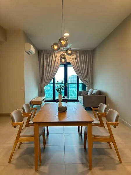Dining features: wooden dining table, 6 dining chairs with upholstered seats, pendant light fixture with multiple bulbs, floor-to-ceiling windows, sheer curtains, grey accent wall, light-colored tiled flooring, air conditioning unit on wall, decorative vase on table, sofa in background, coffee table in background; style: modern; view: city.