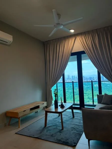 Living features: 5-blade ceiling fan with light, floor-to-ceiling sliding glass door, curtains, wooden coffee table, 2-seater fabric sofa in light grey, TV console, area rug, city view; style: modern; view: city.