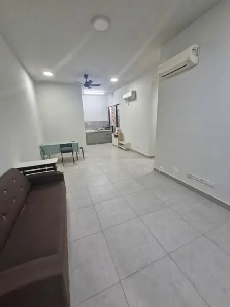 Living features: grey tiled flooring, white painted walls, 5-blade ceiling fan with light, wall-mounted split AC, sofa in brown fabric, dining table with 2 chairs, kitchen area visible in background, window with blinds; style: modern.