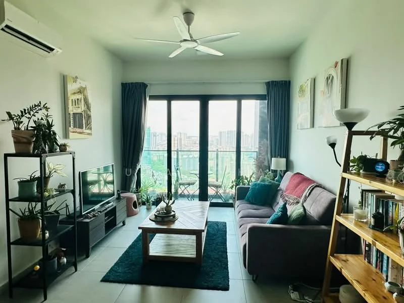 Living features: 3-seater fabric sofa in grey, coffee table, TV console, wall-mounted TV, area rug with geometric pattern, floor-to-ceiling windows, curtains, ceiling fan, decorative plants, shelves with books, wall art, light floor tiles; style: modern; view: city.