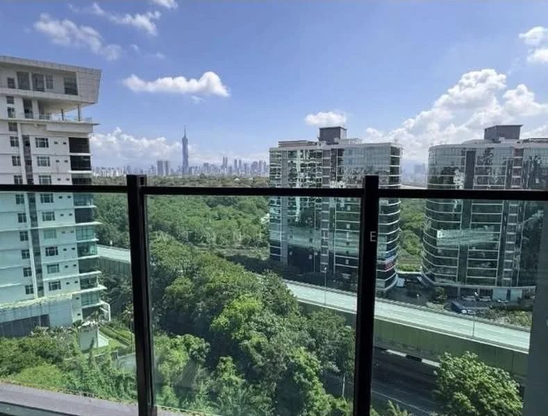 Exterior type: high-rise condominium; features: glass balcony railing, city skyline view, surrounded by greenery, multiple high-rise buildings, urban landscape, highway visible below; style: modern.