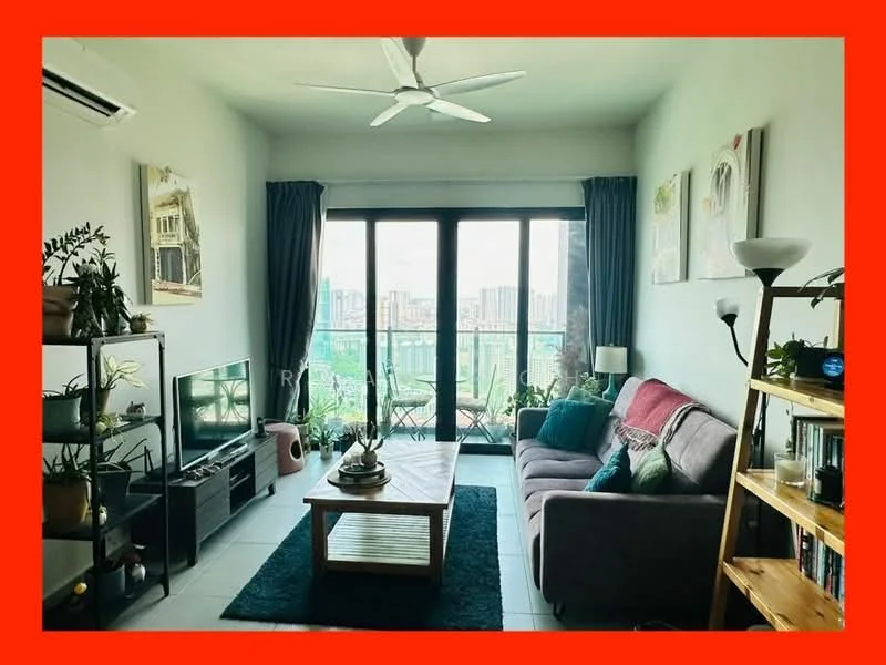 Living features: 3-seater fabric sofa in grey, coffee table, TV console, wall-mounted TV, area rug with geometric pattern, floor-to-ceiling windows, sliding glass door, sheer curtains, ceiling fan, decorative plants, bookshelf, decorative lamp; style: modern; view: city.