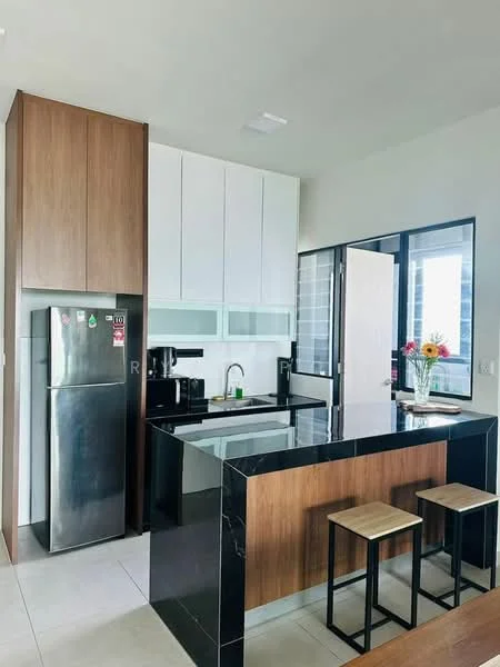Kitchen features: stainless-steel fridge, black granite countertop, wood cabinetry, white upper cabinets, kitchen island with seating, built-in coffee machine, black sink, modern faucet, ceramic tile flooring, large window with city view, recessed lighting; style: modern; view: city.