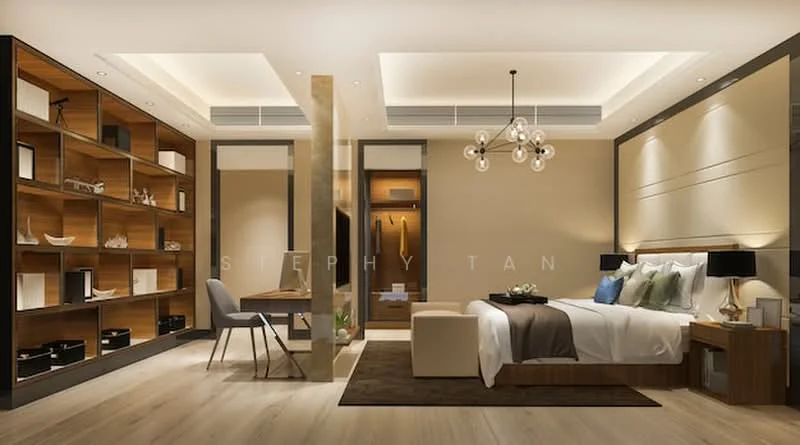 Bedroom features: king-size bed with upholstered headboard, two bedside tables with lamps, wooden shelving unit with decorative items, study desk with chair, area rug with geometric pattern, recessed downlights, ceiling light fixture with multiple bulbs, wooden flooring, neutral painted walls, large window with sheer curtains, built-in wardrobe, decorative wall paneling; style: modern.