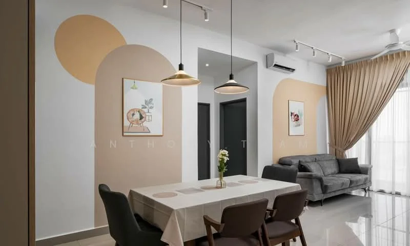 Dining features: 6-seater dining table with white tablecloth, upholstered dining chairs in dark fabric, grey fabric sofa, pendant lighting fixtures, decorative wall art, light grey walls with beige accent arches, floor-to-ceiling windows with sheer curtains, recessed ceiling lights, air conditioning unit, polished tile flooring; style: modern.