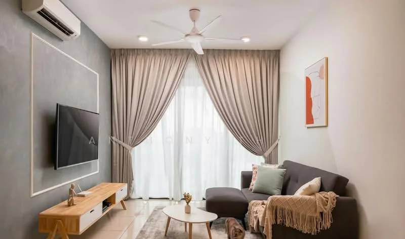 Living features: 3-seater fabric sofa in grey, wooden coffee table, TV console, wall-mounted TV, 5-blade ceiling fan with light, recessed LED downlights, floor-to-ceiling windows, sheer curtains, decorative wall art, area rug, throw blanket, decorative pillow; style: modern.